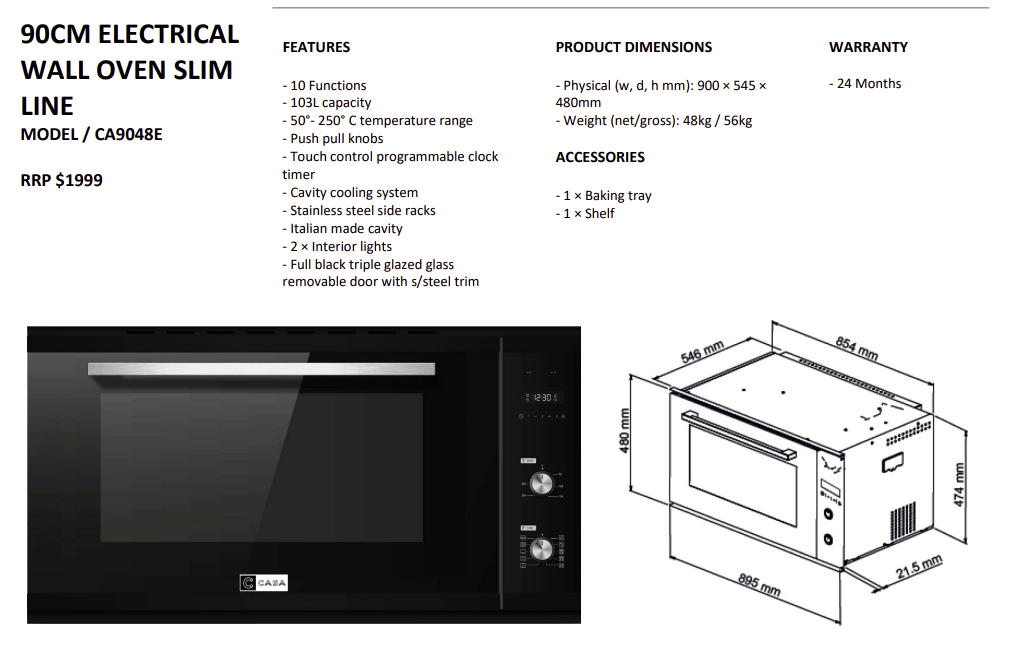 90cm Black Underbench Oven - 10 Functions