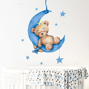 Cute Boy Bear With Crown Sleeping on the Moon Wall Stickers for Kids Room BABY Boy Nursery Decorative Stickers Bedroom Decor