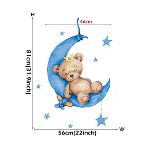 Cute Boy Bear With Crown Sleeping on the Moon Wall Stickers for Kids Room BABY Boy Nursery Decorative Stickers Bedroom Decor