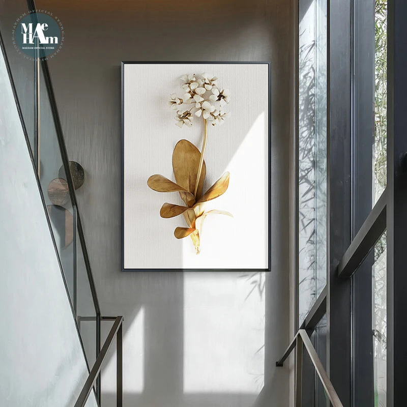 Golden Plant Leaves and Flowers Wall Art