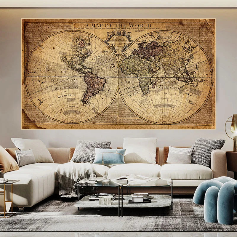Map of the World Retro Old Picture Canvas Vintage Earth Painting for Living Room Poster Prints Home Office Study Wall Art Decor