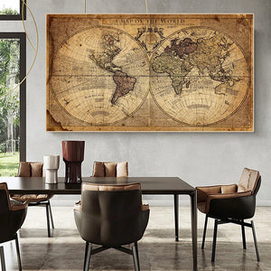 Map of the World Retro Old Picture Canvas Vintage Earth Painting for Living Room Poster Prints Home Office Study Wall Art Decor