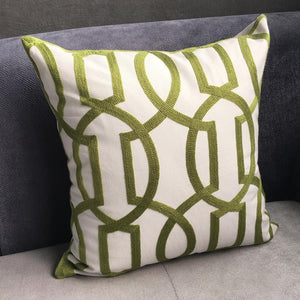 Modern Geometric Cord Embroidery Gray & Green Cotton Cushion Cover 45 X 45 Cm