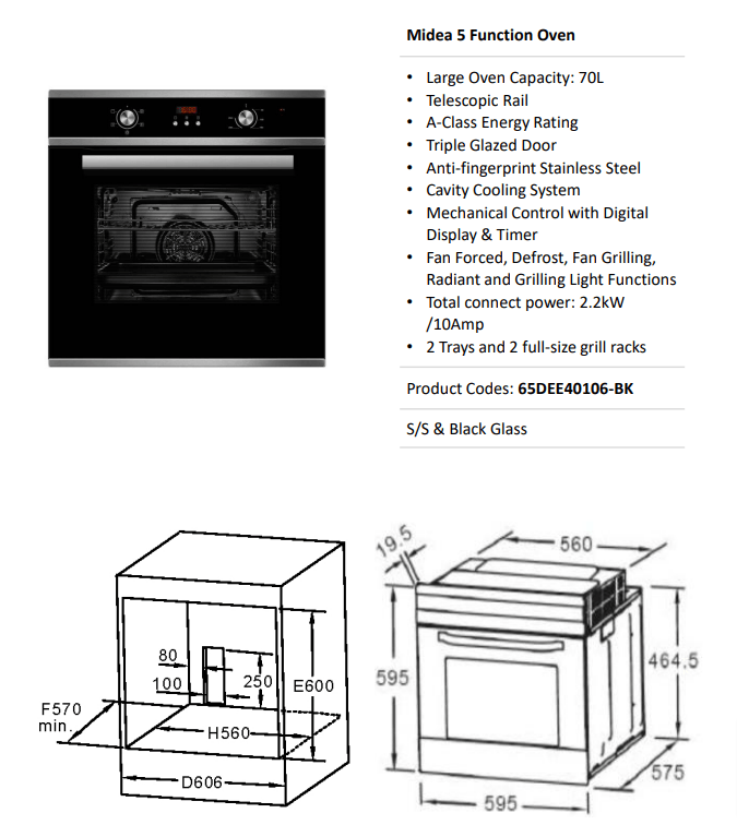 Midea 60cm Digital Fan-Forced Stainless Steel Oven 65DEE40106-BK