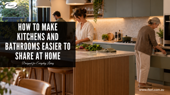 Three family members independently using different areas of a contemporary Australian kitchen during relaxed dinner preparation.