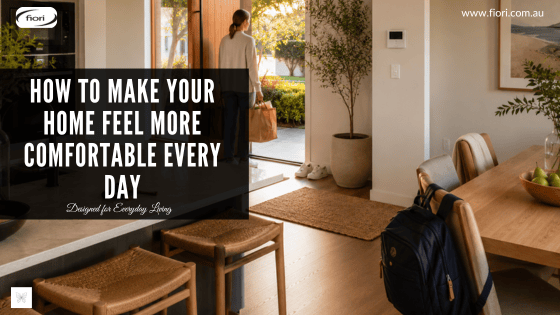 Modern Australian family home with a parent pausing at the entry while everyday belongings naturally rest where routines happen.