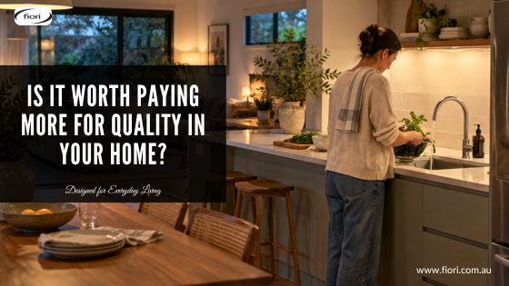 Adult using a kitchen sink while another person relaxes in the adjoining living room of a comfortable Australian home.