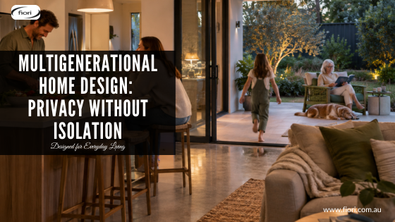 Three generations spend an early evening in connected kitchen, living and garden spaces, close enough to interact while doing different activities.