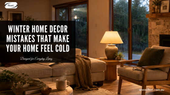 A contemporary Australian living room on a winter evening with warm layered lighting, natural timber finishes, a comfortable sofa, an open book, a mug of tea and soft rain visible through the windows, creating a calm, inviting atmosphere.