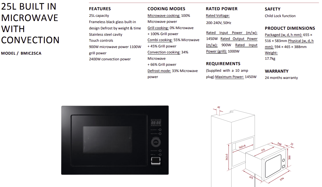 25L Built In Black Microwave