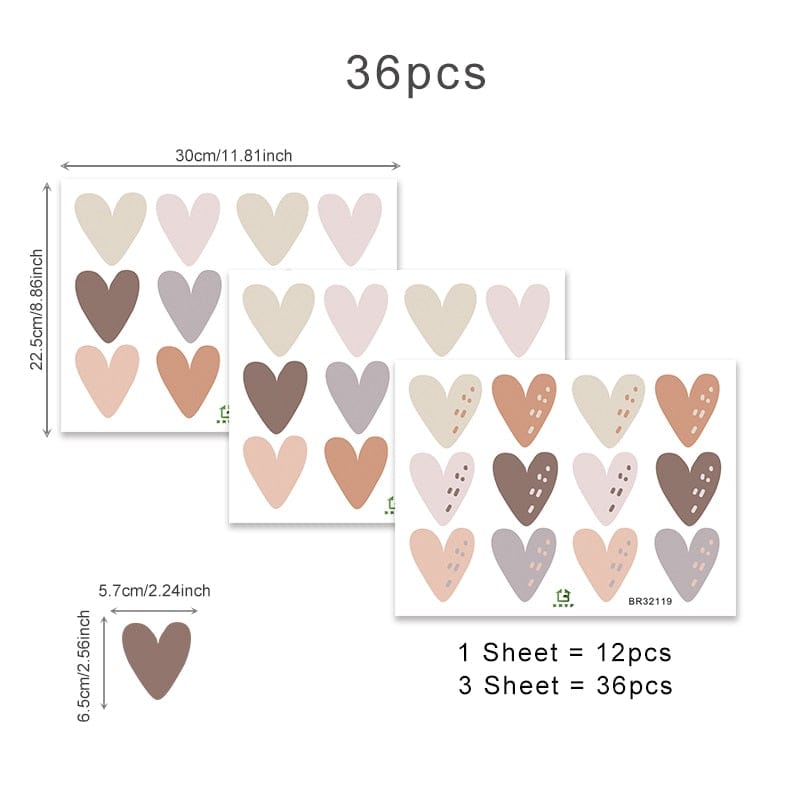 36pcs Heart Shape Trendy Boho Style Wall Stickers