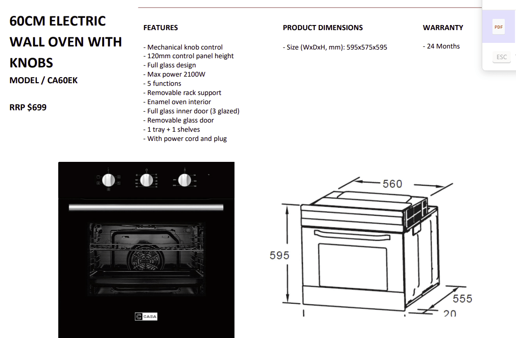 60cm Black Oven - 5 Functions