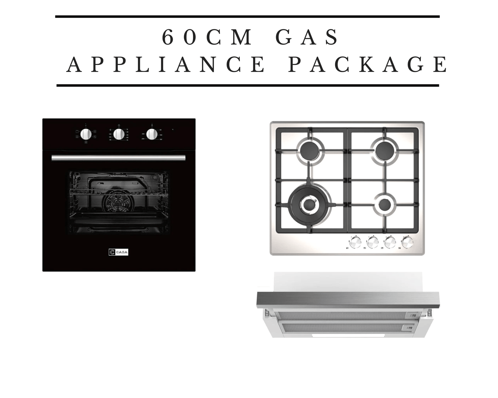 60cm Kitchen Appliance Package with Oven, Gas Cooktop & Slideout Rangehood