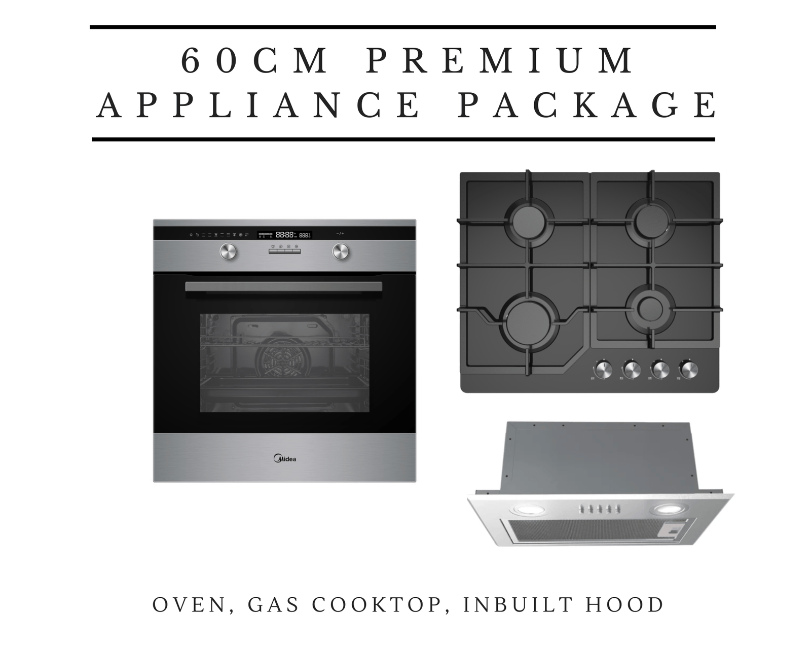60cm Midea Kitchen Appliance Package with Black Glass Gas Cooktop, Premium Oven & Inbuilt Hood