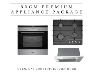 60cm Midea Kitchen Appliance Package with Black Glass Gas Cooktop, Premium Oven & Inbuilt Hood