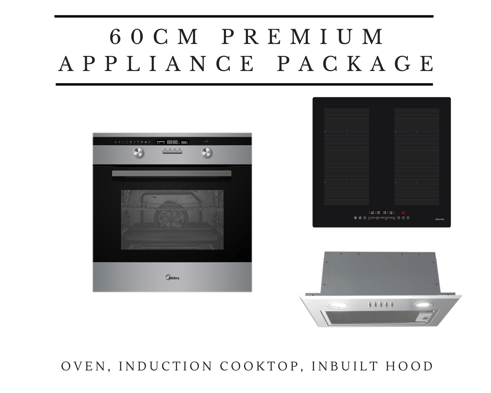 60cm Midea Kitchen Appliance Package with Induction Cooktop, Premium Oven & Inbuilt Hood