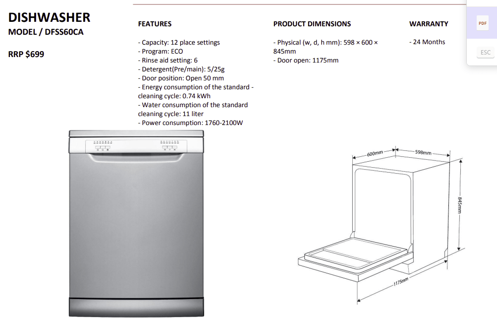 60cm Stainless Steel Dishwasher