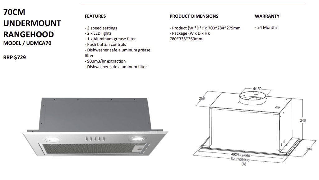 70cm Under Cupboard Rangehood