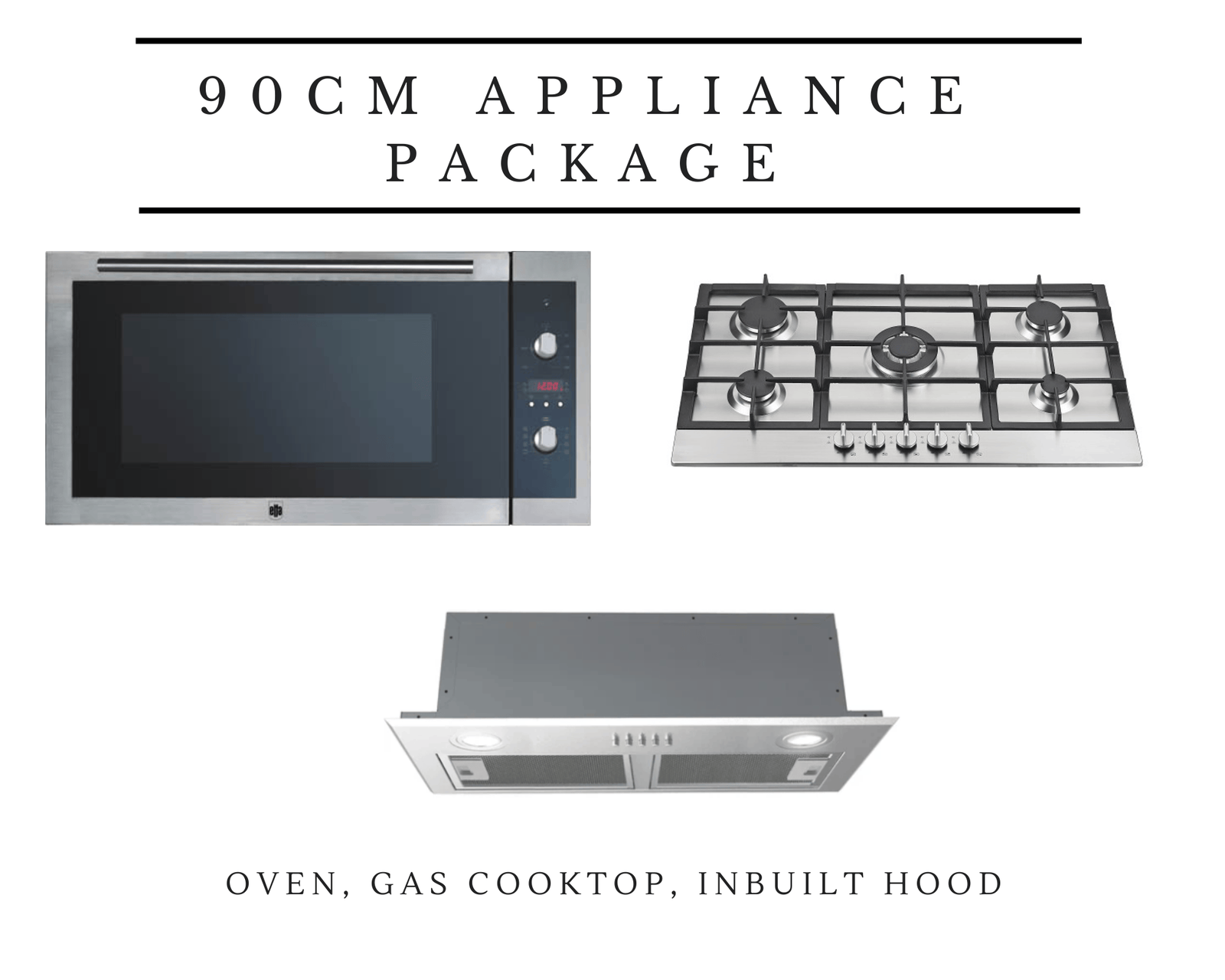 90cm Midea Cooking Appliance Package with Gas Cooktop, Fan-Forced Oven & Inbuilt Rangehood