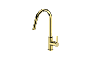 Brushed Gold Hi Neck Curved Gooseneck Pull Out Kitchen Tap
