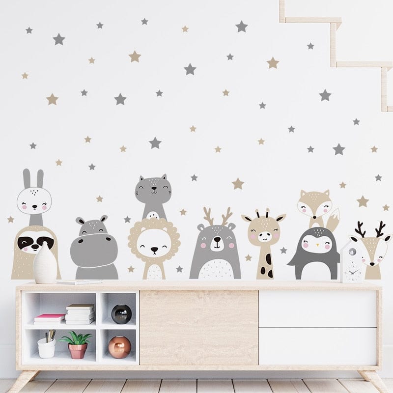 Cartoon Cute Lion Bunny Forest Animals Stars Wall Stickers