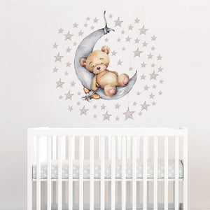 Cartoon Teddy Bear Sleeping on the Moon and Stars Wall Stickers