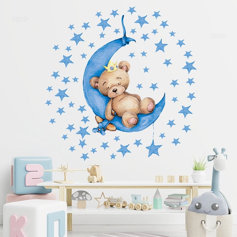 Cute Boy Bear With Crown Sleeping on the Moon Wall Stickers for Kids Room BABY Boy Nursery Decorative Stickers Bedroom Decor