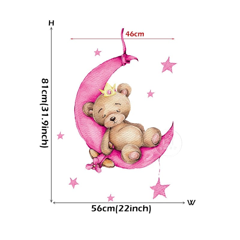 Cute Teddy Girl Bear Sleeping on the Moon Wall Stickers for Kids Room Baby Room Decoration Wall Decals Room Interior PVC Sticker