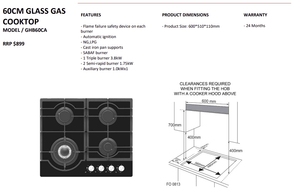 Daniela 60cm Gas on Glass Cooktop - DAN60GTG