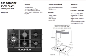 Daniela 70cm Gas on Glass Cooktop - DAN70GTG