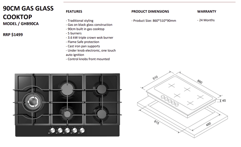 Daniela 90cm Gas on Glass Cooktop - DAN90GTG