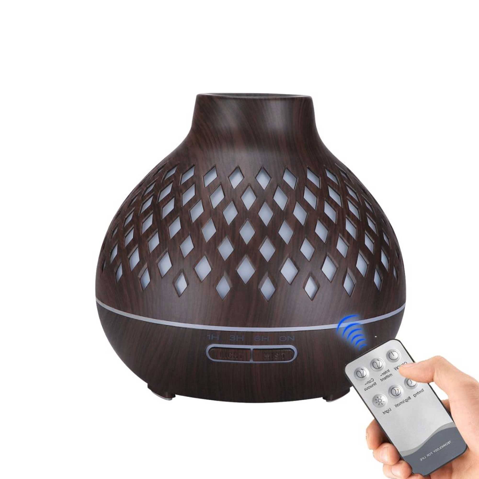 Essential Oil Aroma Diffuser and Remote - 400ml Hollowed Wood Mist Humidifier