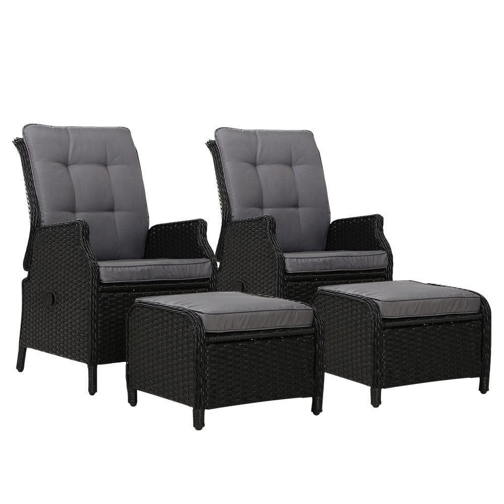 Gardeon 2PC Recliner Chair Sun lounge Wicker Lounger Outdoor Furniture Adjustable Black