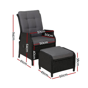 Gardeon 2PC Recliner Chair Sun lounge Wicker Lounger Outdoor Furniture Adjustable Black