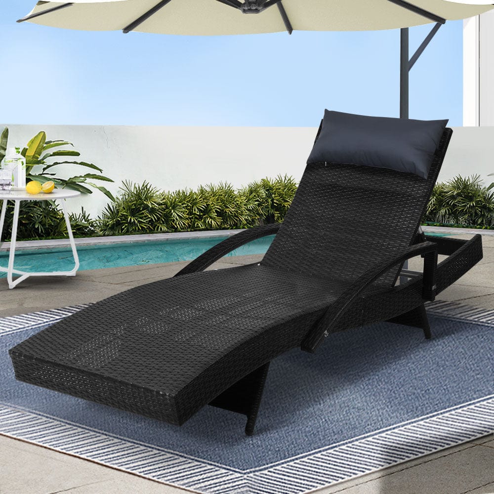 Gardeon Sun Lounge Wicker Lounger Outdoor Furniture Beach Chair Armrest Adjustable Black
