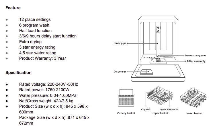Midea - 60cm Freestanding Stainless Steel Dishwasher