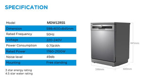 Midea - 60cm Freestanding Stainless Steel Dishwasher