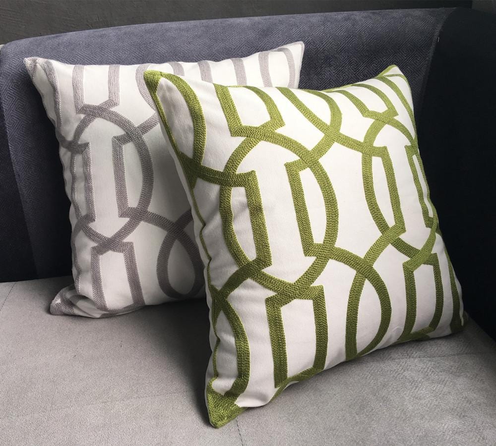 Modern Geometric Cord Embroidery Gray & Green Cotton Cushion Cover 45 X 45 Cm