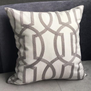 Modern Geometric Cord Embroidery Gray & Green Cotton Cushion Cover 45 X 45 Cm