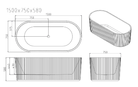 Rose Fluted V-Groove Freestanding Bathtub - Matt White