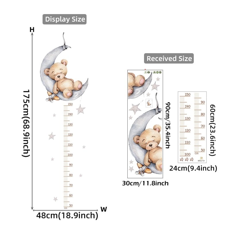 Sleeping Teddy Bear Moon Height Measure Wall Stickers Growth Chart Ruller Wall Decals for Kids Room Bedroom Nursery Room Murals