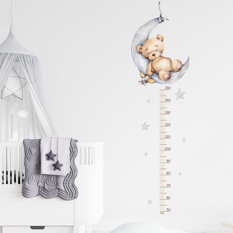 Sleeping Teddy Bear Moon Height Measure Wall Stickers Growth Chart Ruller Wall Decals for Kids Room Bedroom Nursery Room Murals