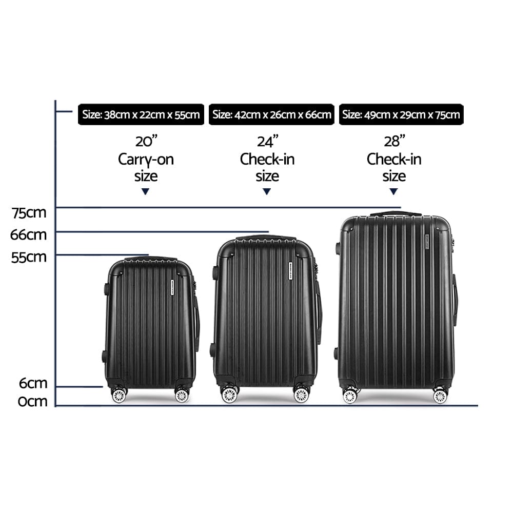 Wanderlite 3pcs Luggage Set Travel Suitcase Storage Organiser TSA Black