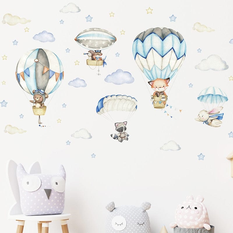 Watercolor Animals Hot Air Balloon Clouds Wall Stickers