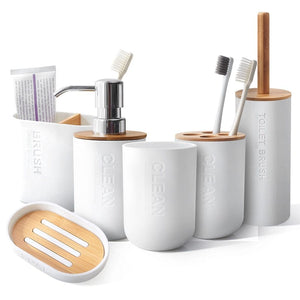 6Pcs Bamboo Bathrooms  Set Toilet Brush Toothbrush Holder Cup Soap Holder Emulsion Dispenser Container Bathroom Accessories