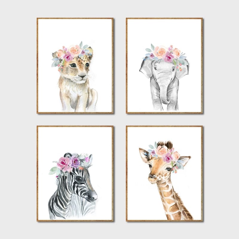 Animals Floral Crown Art Decor Canvas Painting , Baby Girl Prints Animal Giraffe Elephant Lion Wall Art Picture Nursery Poster