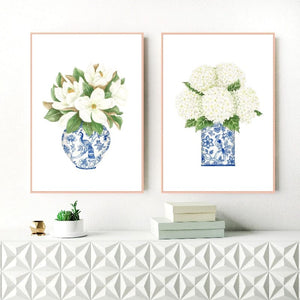 Blue and White China Magnolia Hydrangea Prints Chinoiserie Art Canvas Painting Gallery Wall Art Picture Poster Trendy Wall Decor