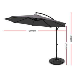 Instahut - 3M Cantilever Umbrella with 48x48cm Base - Charcoal