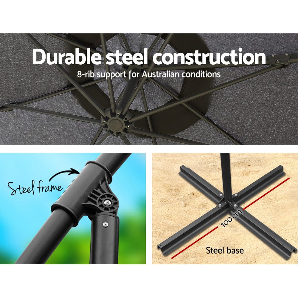 Instahut - 3M Cantilever Umbrella with 48x48cm Base - Charcoal