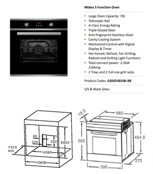 Midea 60cm Digital Fan-Forced Stainless Steel Oven 65DEE40106-BK